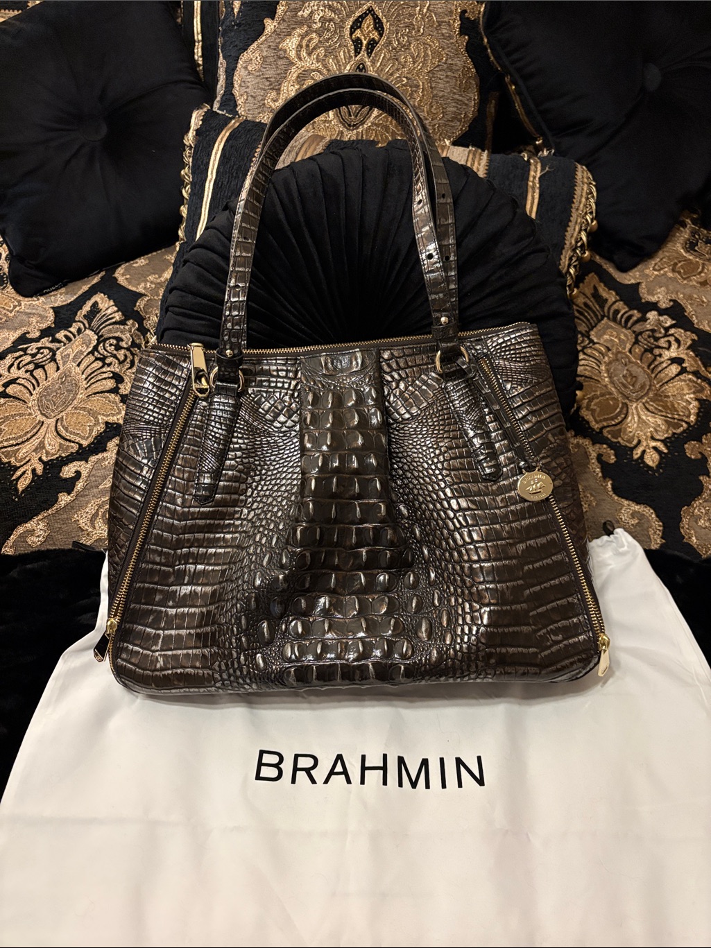 Brahmin Croco-Embossed Tote In Deep Chocolate Brown With Gold Hardware